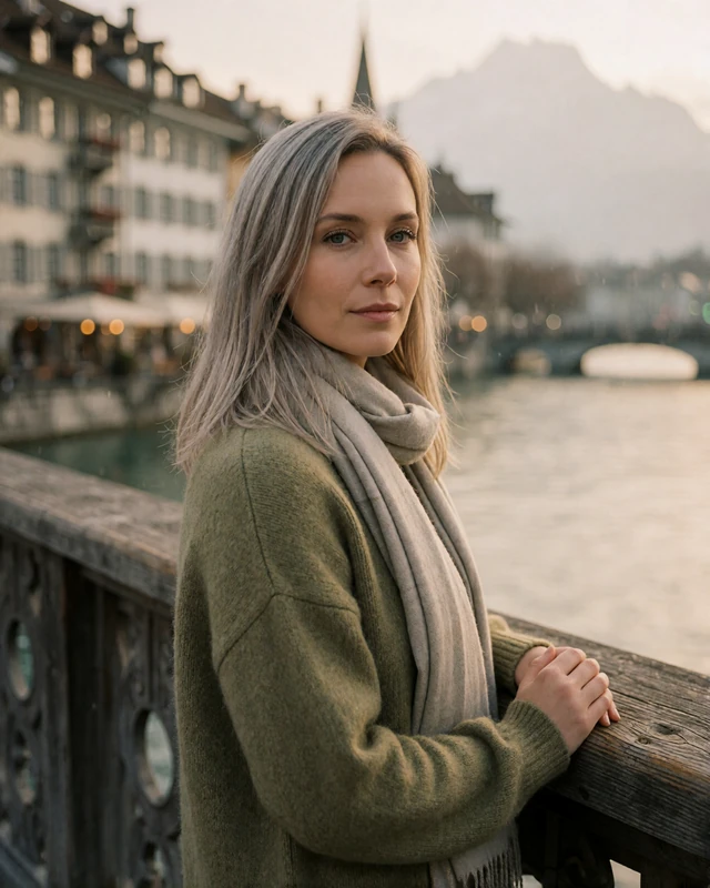 Swiss woman in an olive sweater beside the river in Lucerne, representing verified members in central Switzerland