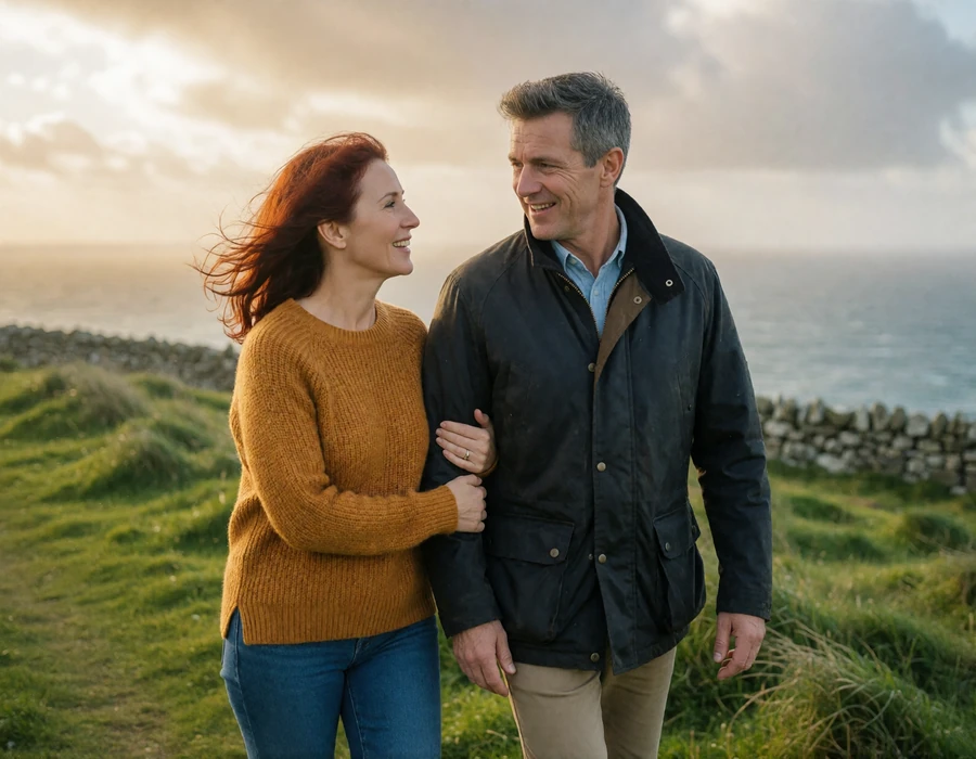 American man and his Irish partner walking a green coastal headland above the Atlantic, illustrating a cross-border relationship