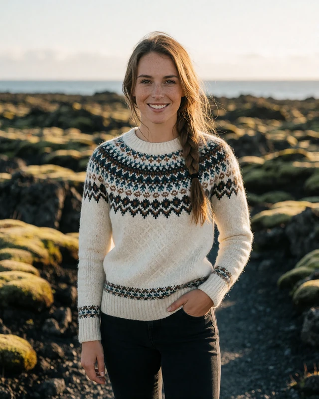 Icelandic woman in a traditional patterned wool sweater on a mossy lava-field path near Hafnarfjordur, representing verified members nearby Reykjavik