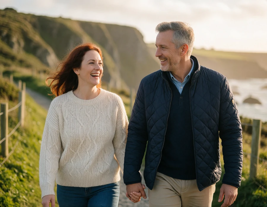 Mature couple walking hand in hand on a Cornish coastal path, illustrating a British-American relationship journey
