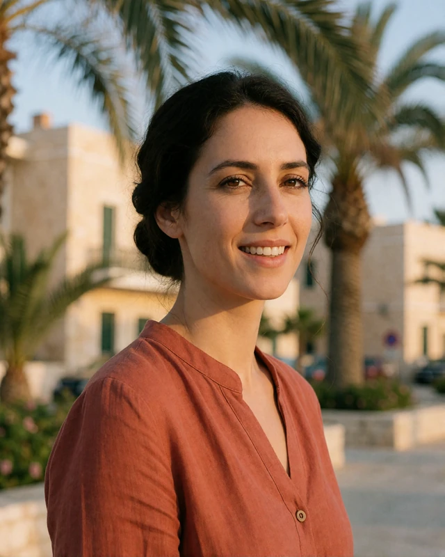 Cypriot woman in a terracotta linen blouse near the Larnaca palm promenade in warm afternoon light