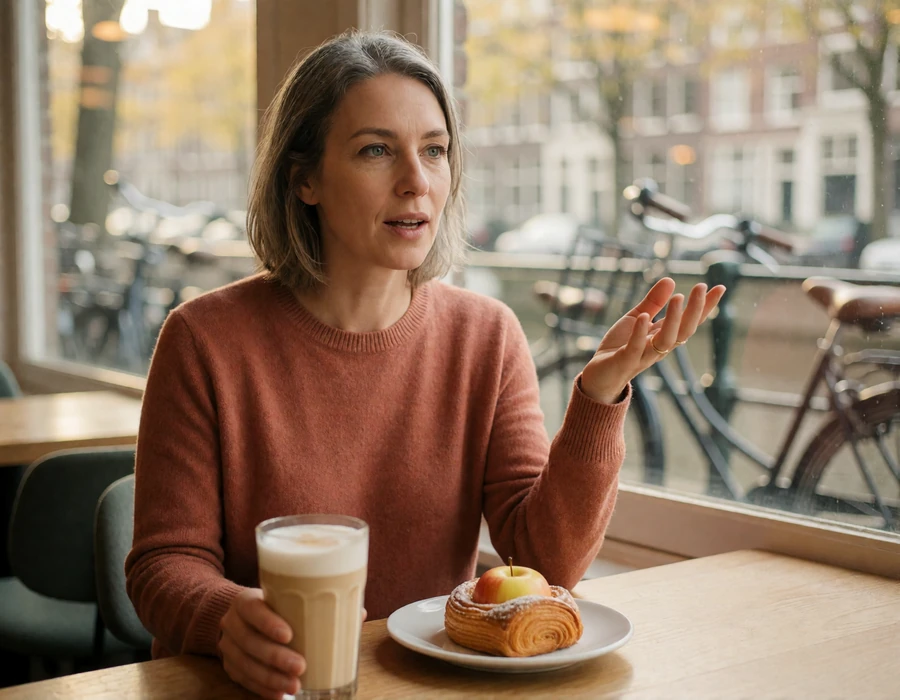 Dutch woman talking animatedly over coffee in a bright Amsterdam cafe, illustrating direct Dutch dating conversation