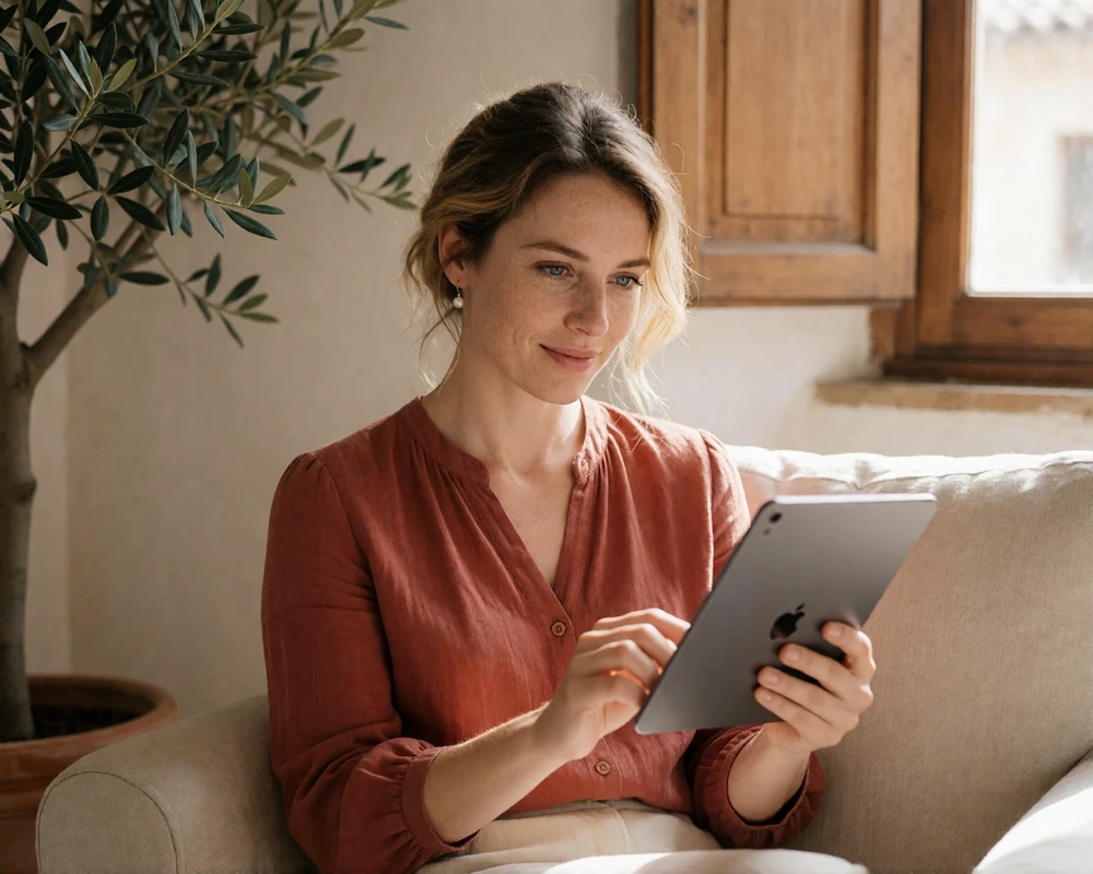 European woman in a rust blouse reading an introductory dating message in a sunlit apartment