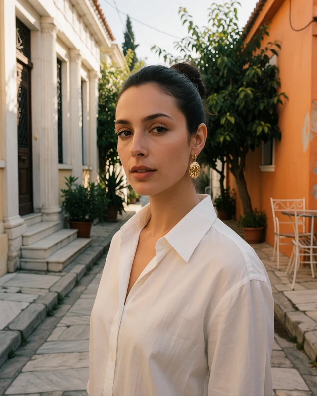 Greek woman in a white shirt on a marble-paved street in the Plaka district of Athens, representing verified members in Attica
