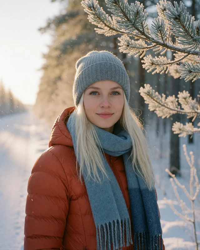 Finnish woman in a rust winter jacket on a snowy forest path near Oulu, representing verified members in northern Finland