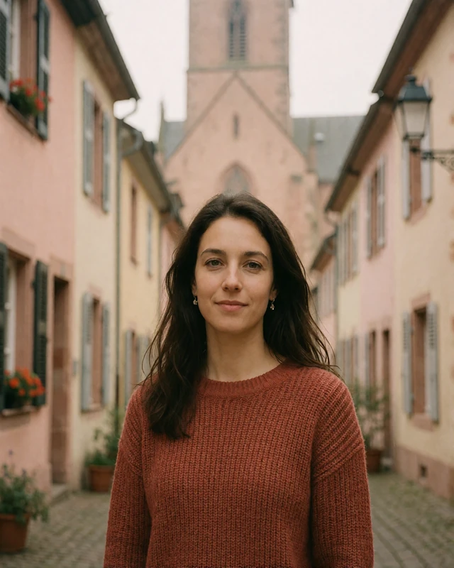 Woman in a rust knit sweater on a medieval street in Echternach, representing verified members in eastern Luxembourg