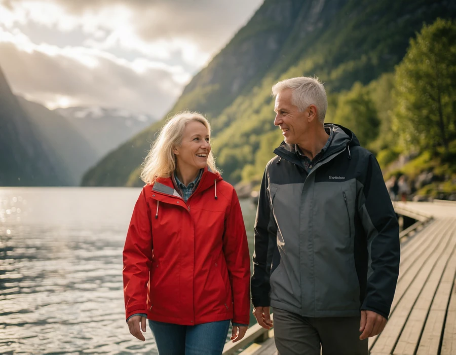 Mature couple walking a boardwalk beside a Norwegian fjord, illustrating a Norwegian-American relationship journey