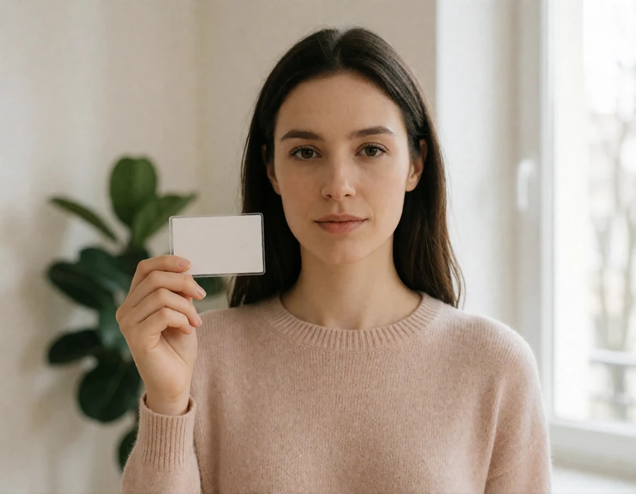 Woman completing an identity and liveness verification step by holding a card beside her face