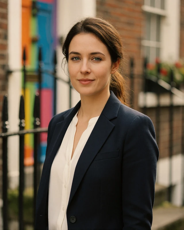 Irish woman in a navy blazer on a Georgian street in Dublin, representing verified Irish dating members in the capital