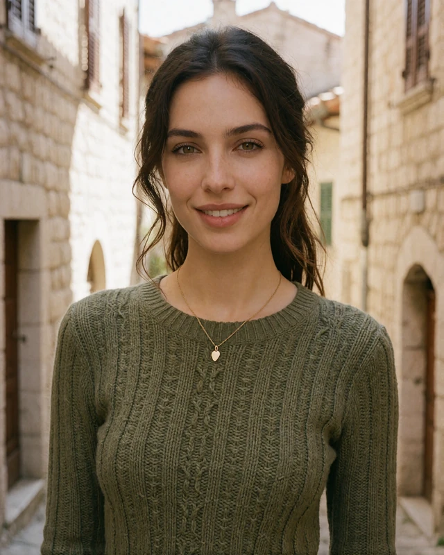 San Marinese woman in an olive knit sweater on a medieval stone street in the historic City of San Marino