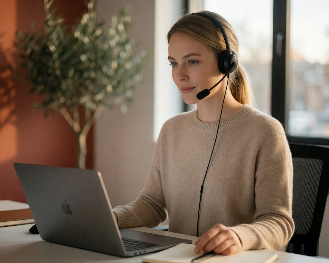 Support specialist at a bright service desk answering a member inquiry for the MeetEurope European dating platform