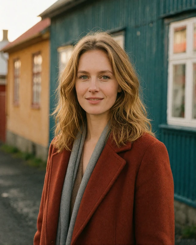 Icelandic woman in a rust wool coat on a colorful street in central Reykjavik, representing verified members in the capital area