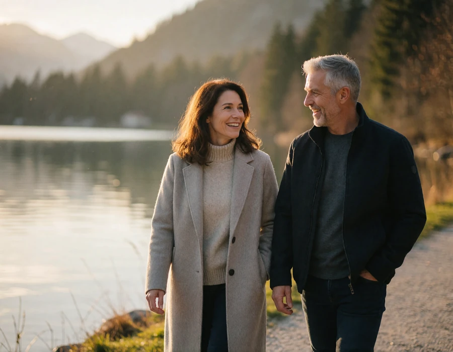 Mature couple walking along an alpine lakeside path in the Austrian Salzkammergut, illustrating an Austrian-American relationship journey