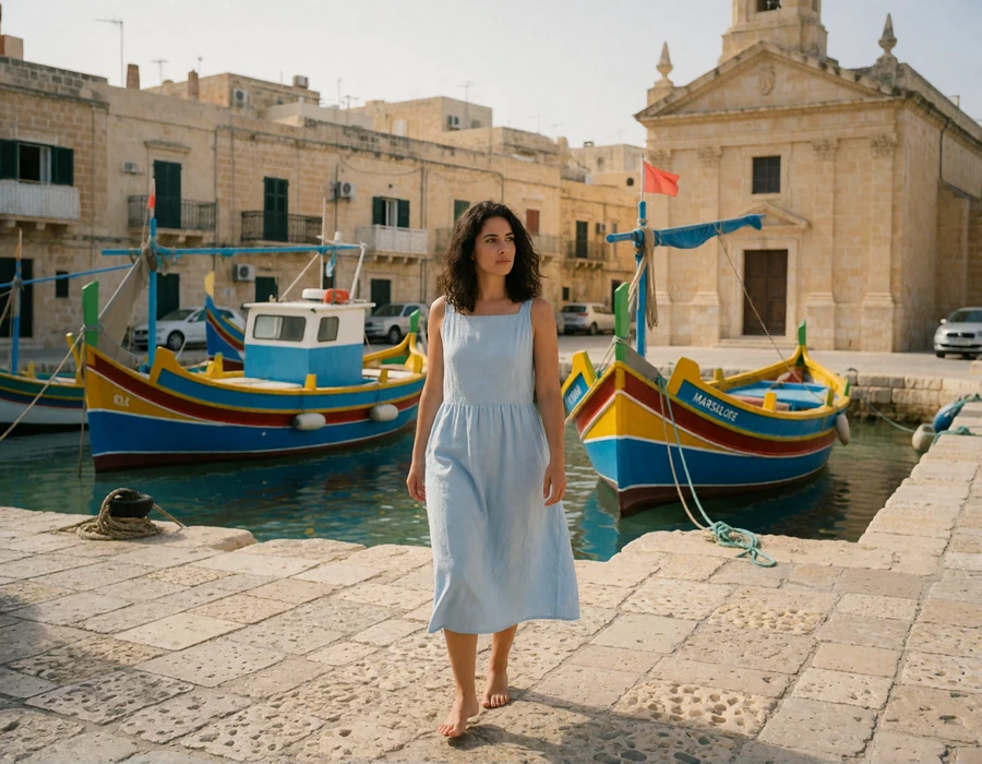 Maltese woman crossing a seaside village square in Marsaxlokk with painted luzzu fishing boats in the harbor behind her