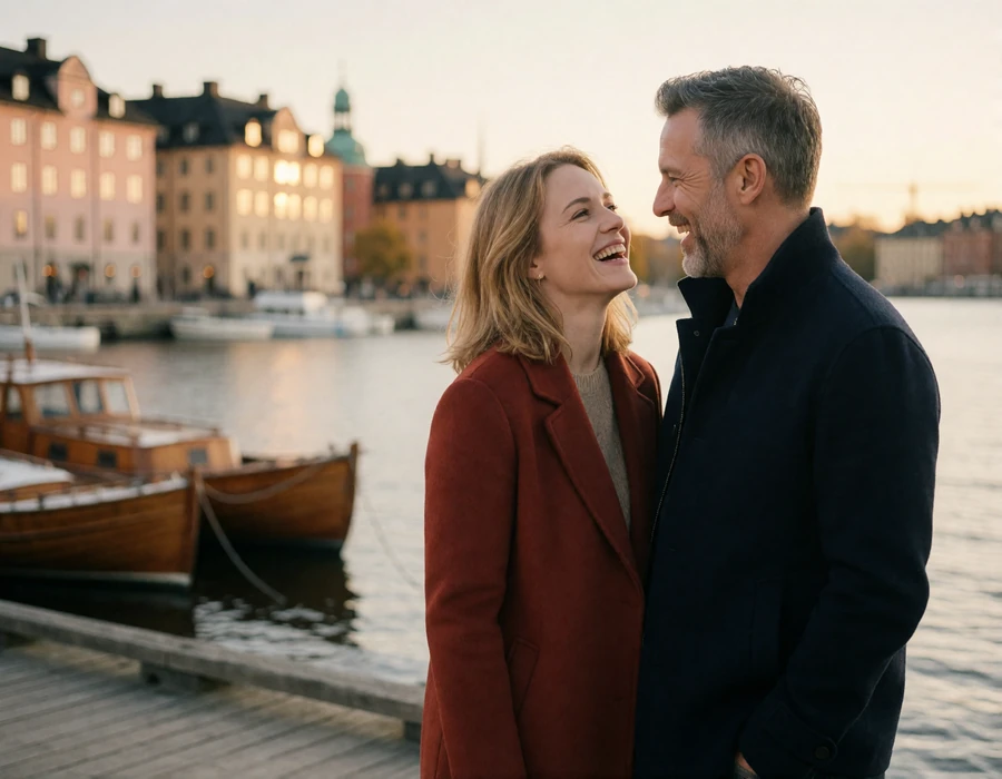American man and his Swedish partner laughing together on a Stockholm waterfront boardwalk at golden hour