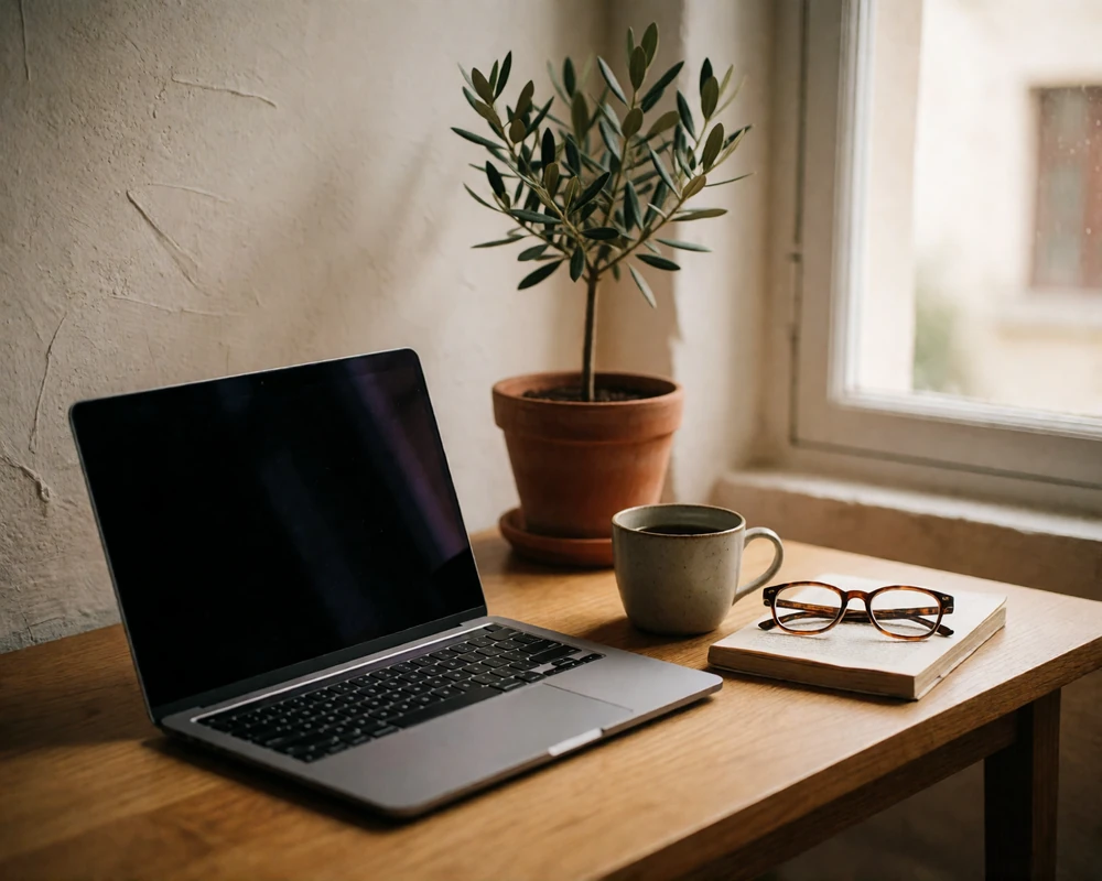 Quiet sunlit home office desk with a laptop, coffee cup and reading glasses, illustrating the MeetEurope cookie policy