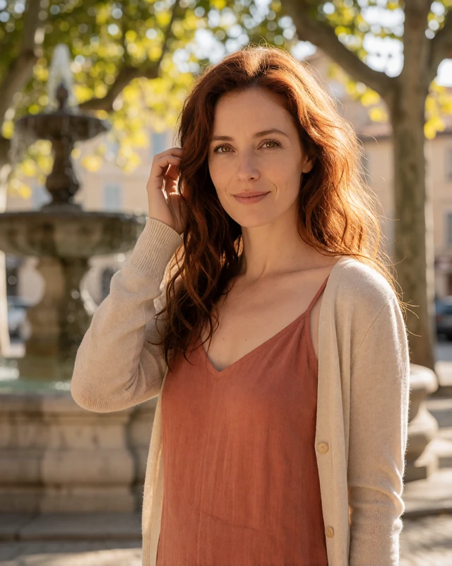 French woman in a terracotta linen dress beside a fountain square in Aix-en-Provence, representing verified members in southern France