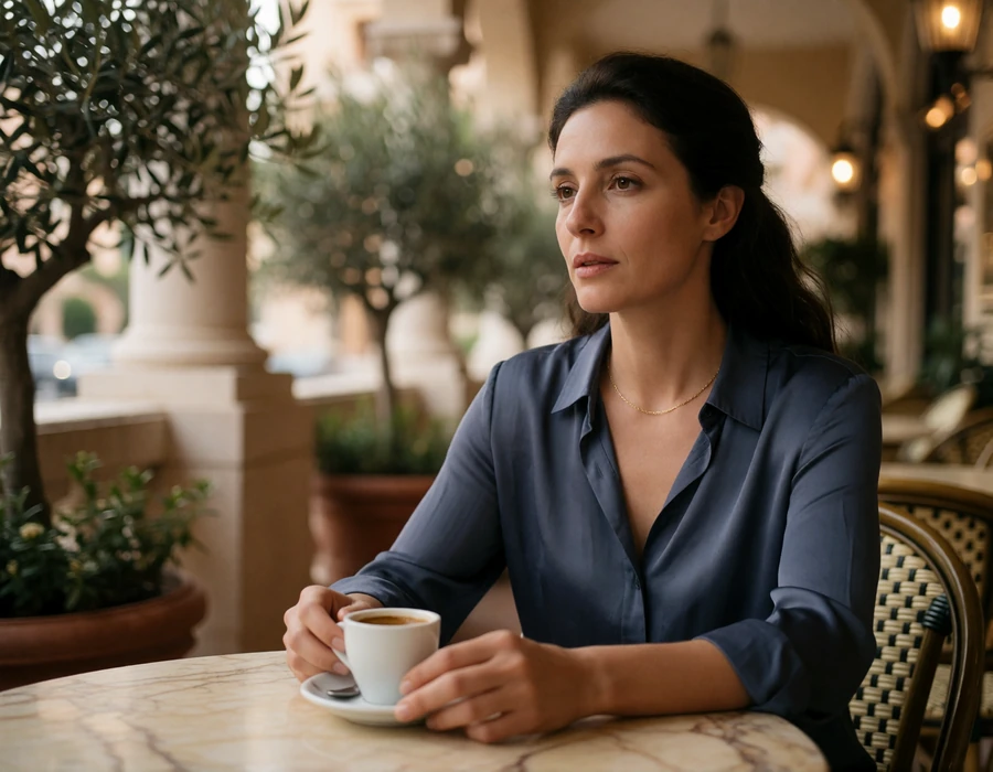 Woman in a navy silk blouse with an espresso on a shaded Monaco cafe terrace, illustrating discreet Monaco dating etiquette
