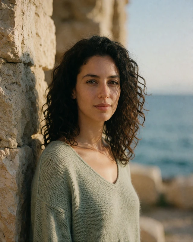 Cypriot woman in a sage knit top beside stone ruins near Paphos harbor with the sea behind her