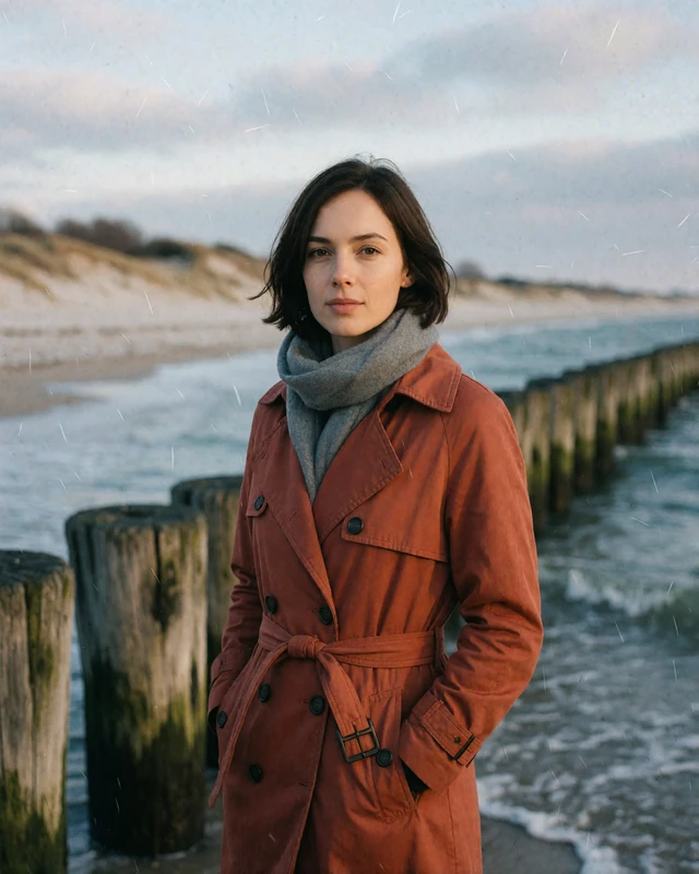 Latvian woman in a rust trench coat on the windswept Liepaja seafront promenade, representing verified members in western Latvia