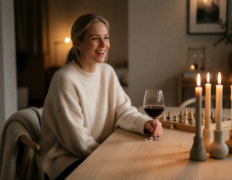 Danish woman laughing by candlelight at a wooden table in a Copenhagen apartment, illustrating hygge as a Danish dating setting