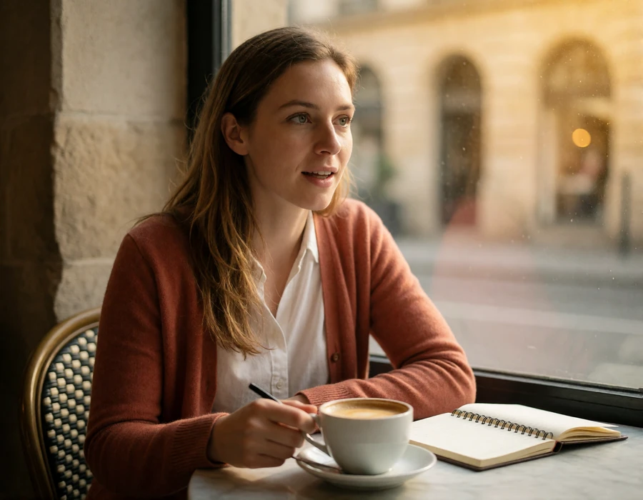 Woman in a terracotta cardigan in conversation at a bright Luxembourg City cafe, illustrating multilingual dating culture