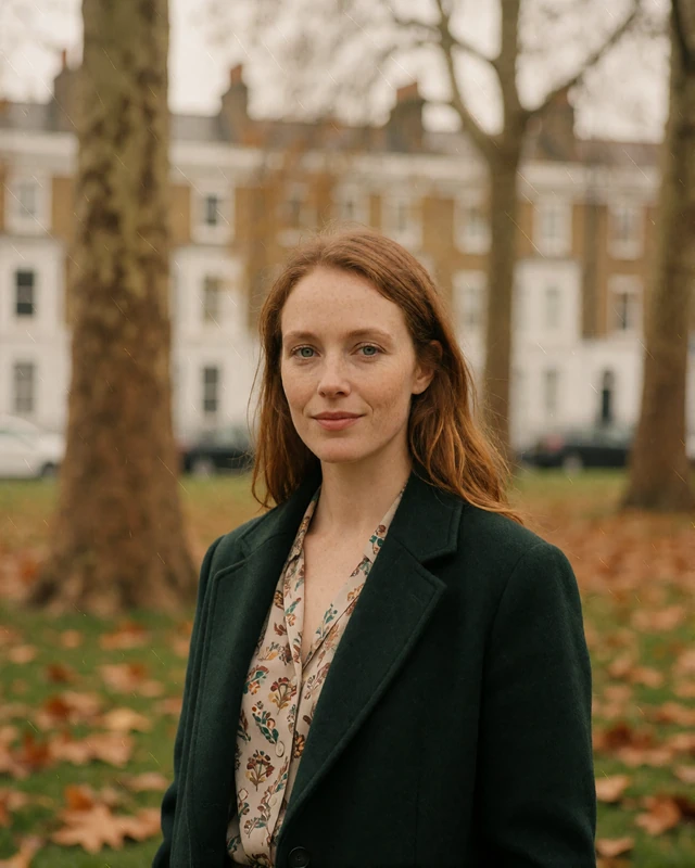 British woman in a green coat in a London park, representing verified British members on MeetEurope