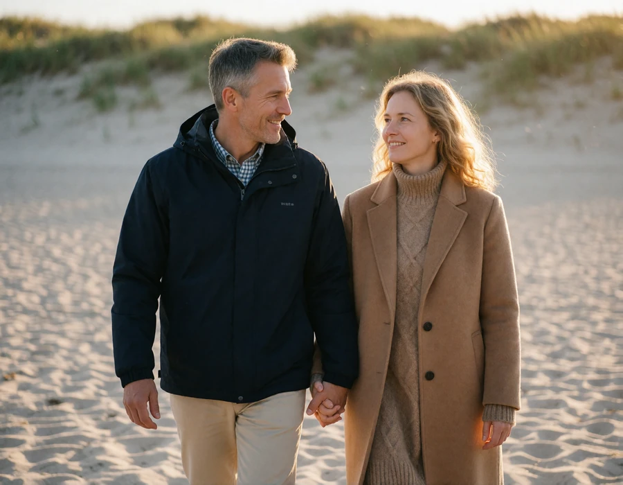 American man and his Estonian partner walking hand in hand on the Baltic beach near Parnu at sunset