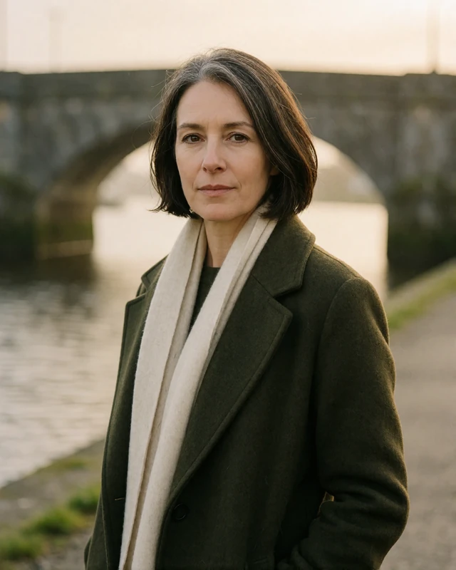 Irish woman in an olive coat on a riverside walkway beside the Shannon in Limerick, representing verified Irish members