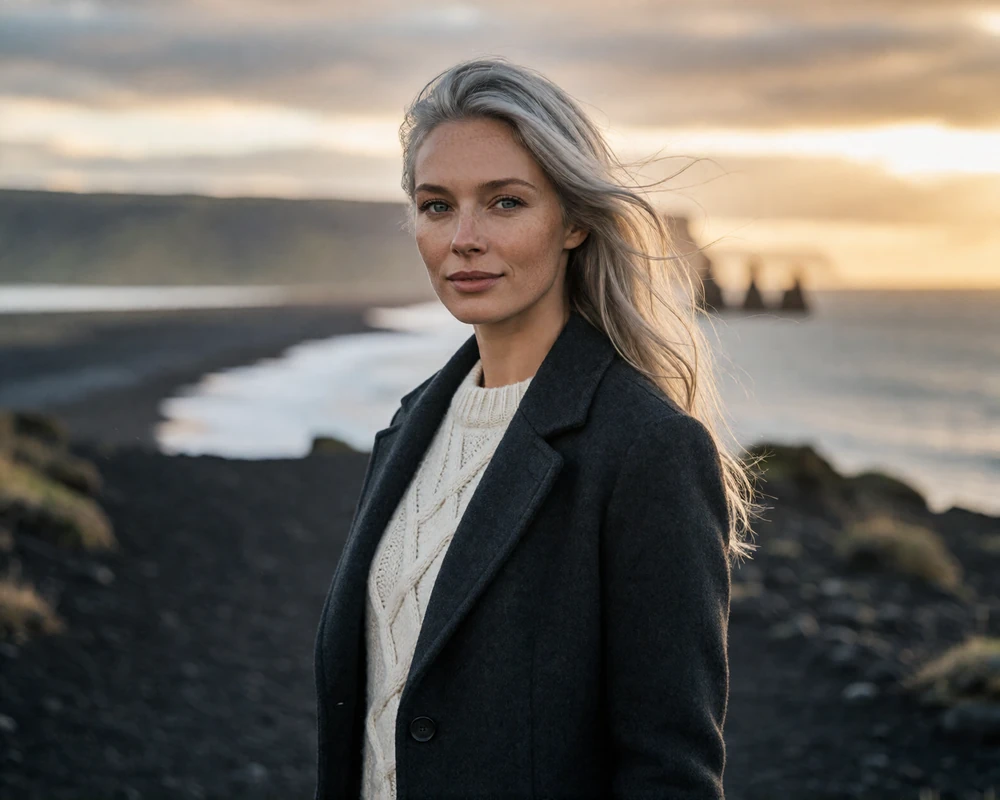 Elegant Icelandic woman in a wool coat on a black basalt coastal cliff in southern Iceland, representing verified Icelandic dating members