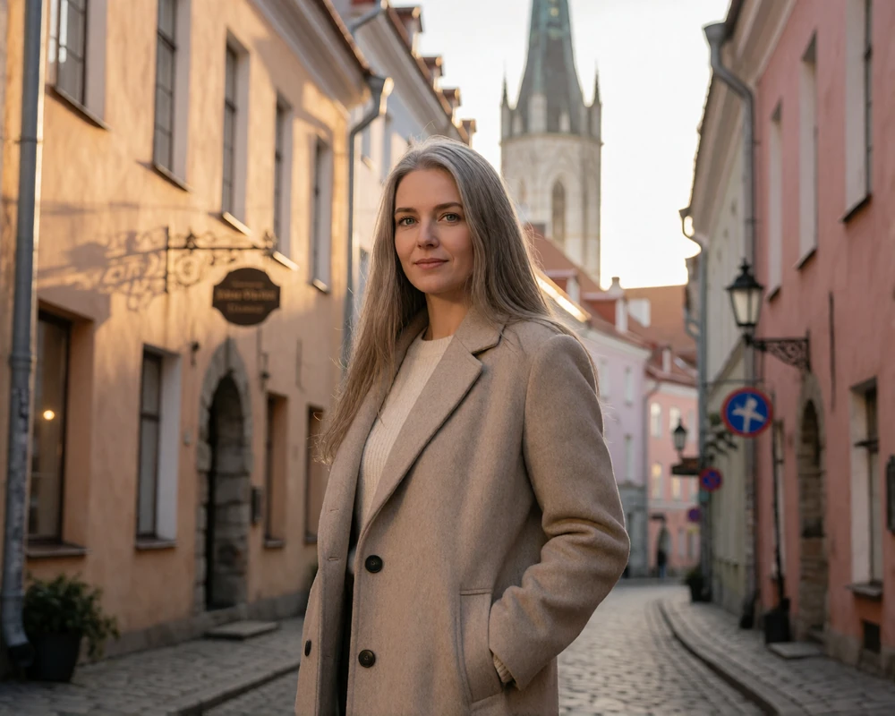 Elegant Estonian woman in a wool coat on a cobbled street in Tallinn old town, representing verified Estonian dating members