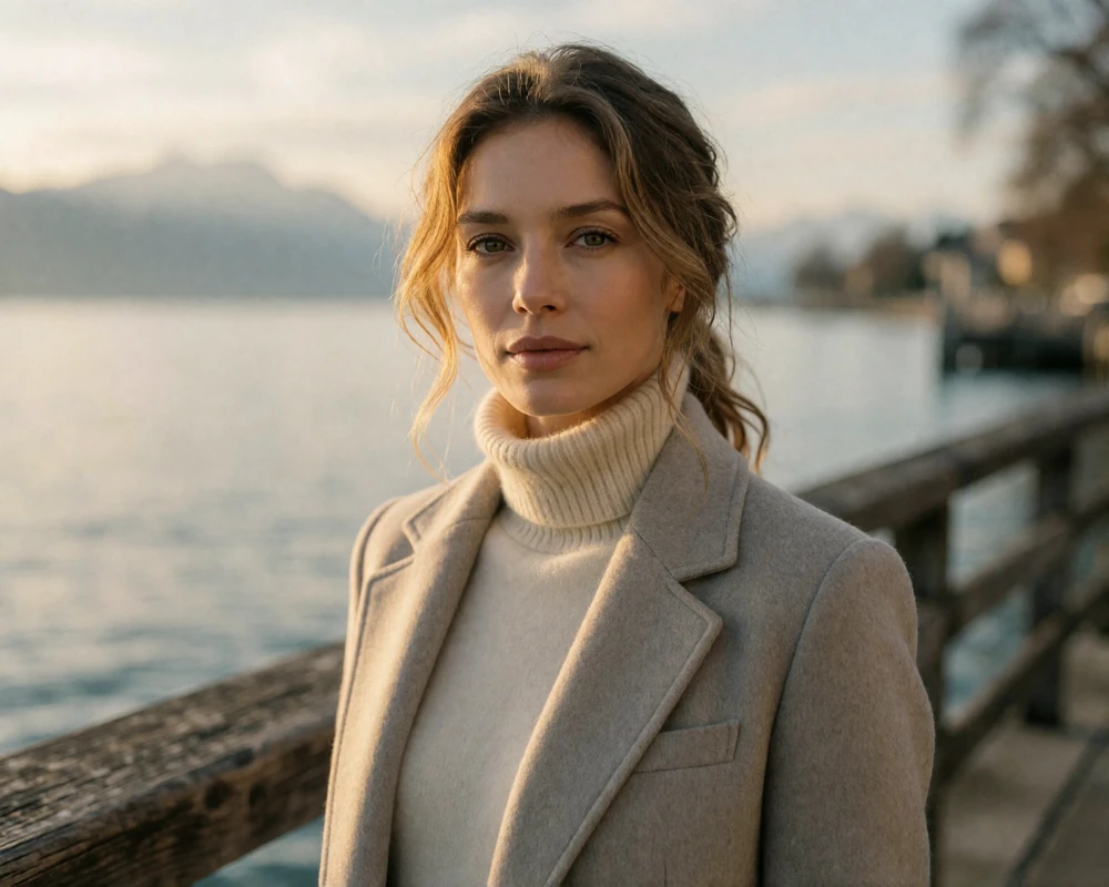 Elegant Swiss woman in a cream turtleneck on the lakeside promenade in Lausanne, representing verified Swiss dating members