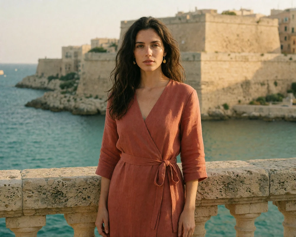 Elegant Maltese woman in a terracotta linen dress overlooking the Valletta Grand Harbour, representing verified Maltese dating members
