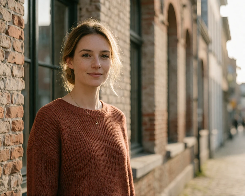 Elegant Belgian woman in a rust sweater outside an independent cultural venue in Ghent, representing Belgian dating members