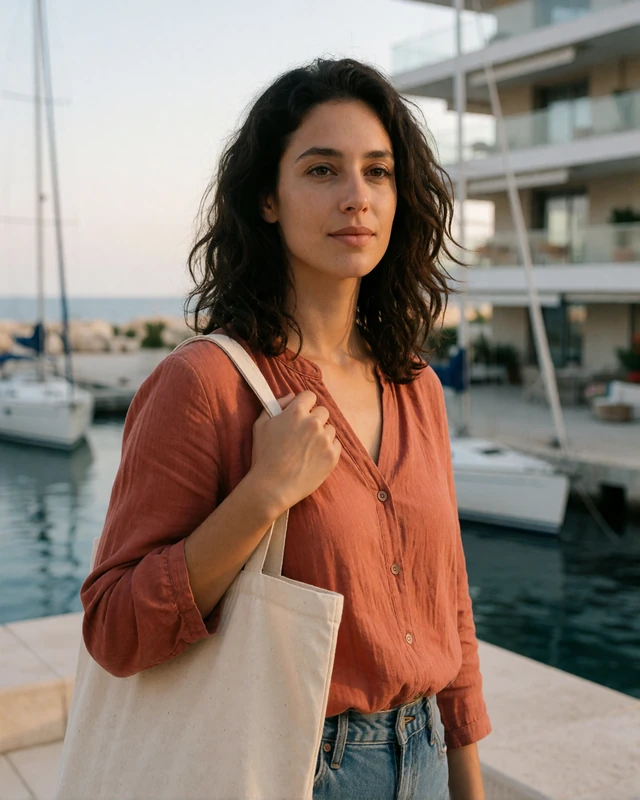Woman in a terracotta blouse near the Fontvieille marina in Monaco, representing verified members in the Fontvieille district