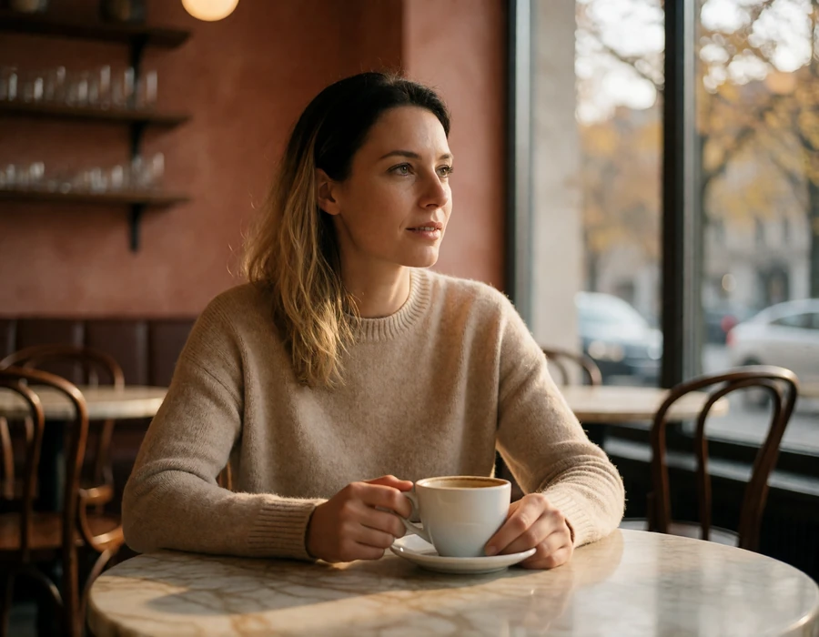 German woman listening attentively over coffee at a Berlin cafe table, illustrating direct conversation in German dating culture