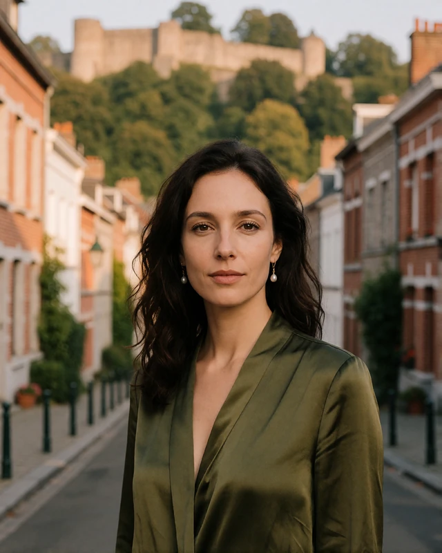 Belgian woman in a green silk blouse on a stone street in Namur, representing verified Walloon members