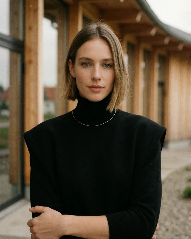 Danish architect in a black turtleneck outside modern Aarhus architecture, an example of a verified Danish member profile