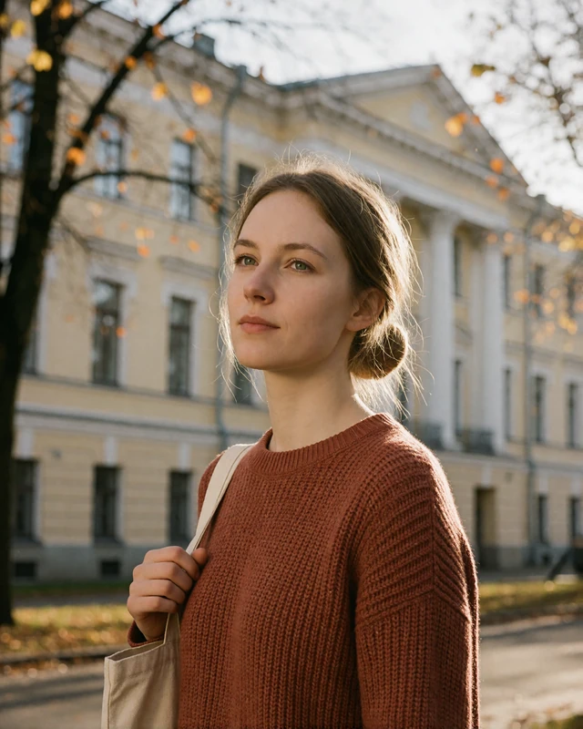 Estonian woman in a rust knit sweater on a quiet street near the university in Tartu, representing verified members in the university city