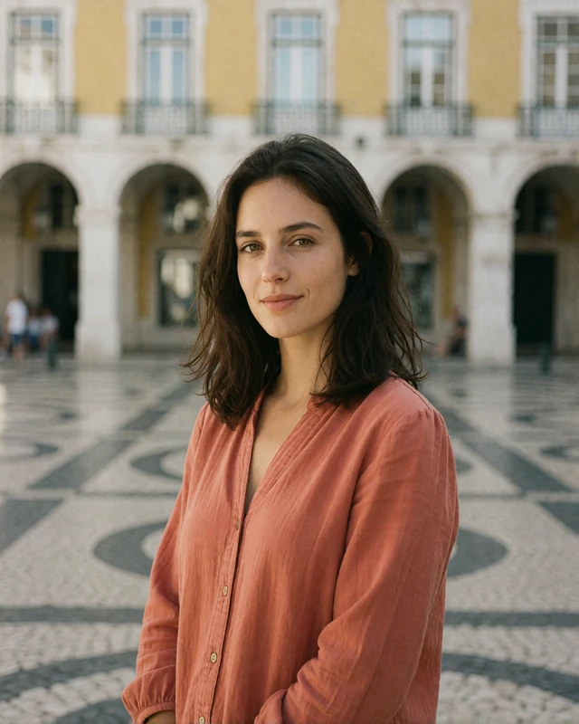 Portuguese woman in a terracotta blouse standing in a Lisbon plaza paved with calcada stone, representing verified members in the capital