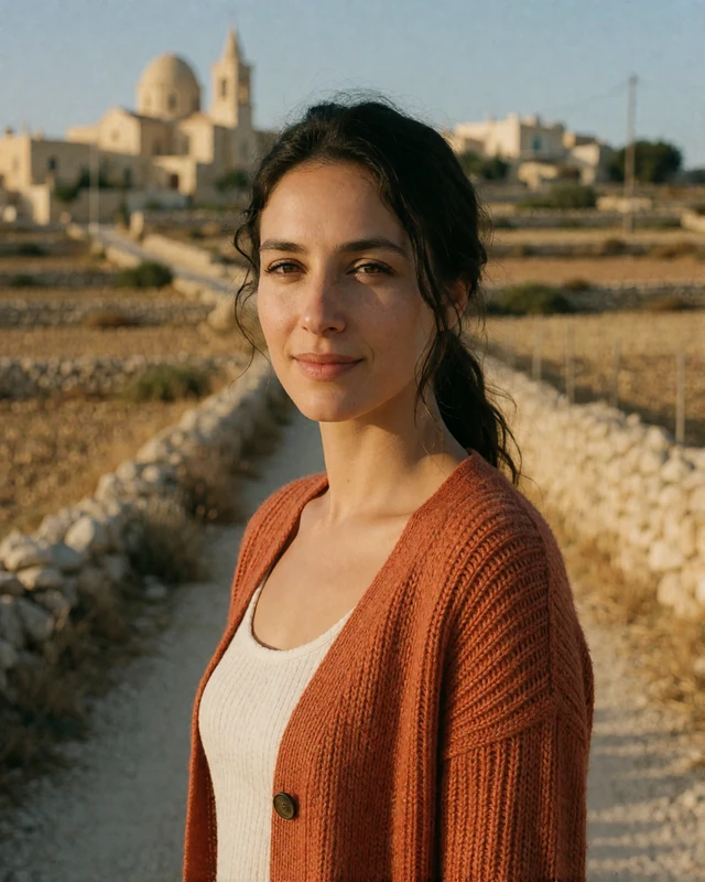 Maltese woman in a rust cardigan on a rural Gozo path with terraced fields and a village church dome behind her