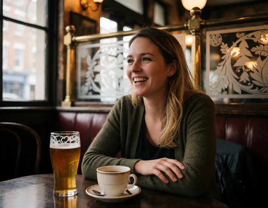 British woman laughing during conversation at a wooden table inside a traditional pub, illustrating British dating humor