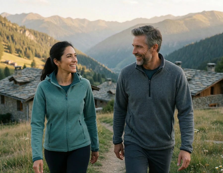 Mature couple walking a mountain trail above an Andorran valley, illustrating an American-Andorran relationship journey