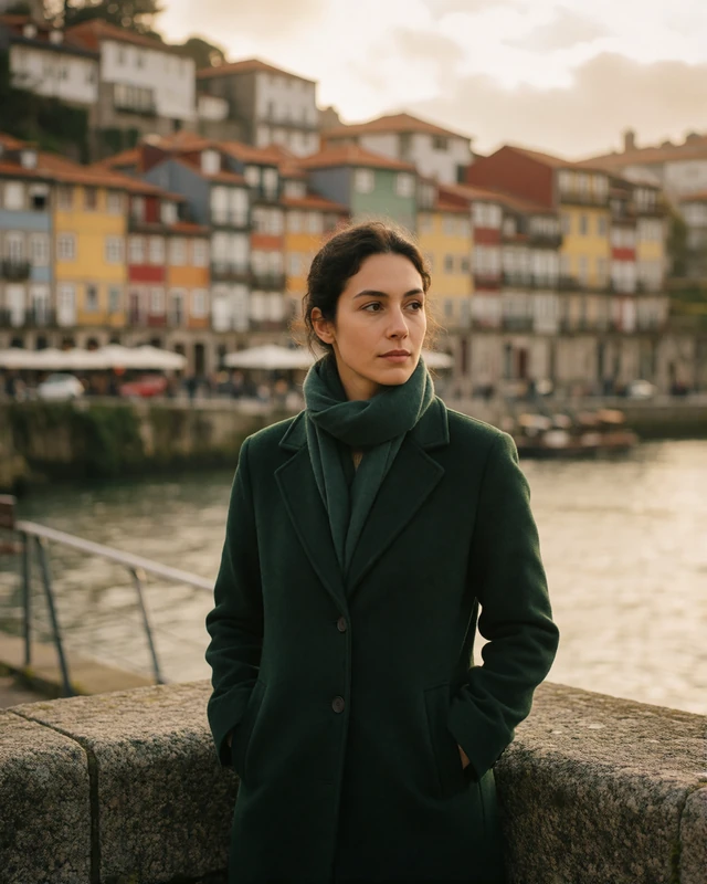 Portuguese woman in a green wool coat on a granite riverside terrace in Porto above the Douro, representing verified members in northern Portugal
