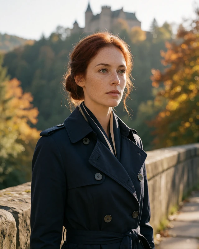 Woman in a navy trench coat on a footbridge in Vianden with a forested valley behind, representing verified members in northern Luxembourg