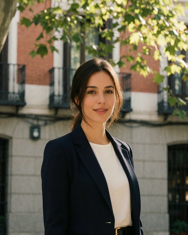 Spanish woman in a navy blazer standing in a Madrid plaza, representing verified members in the Spanish capital