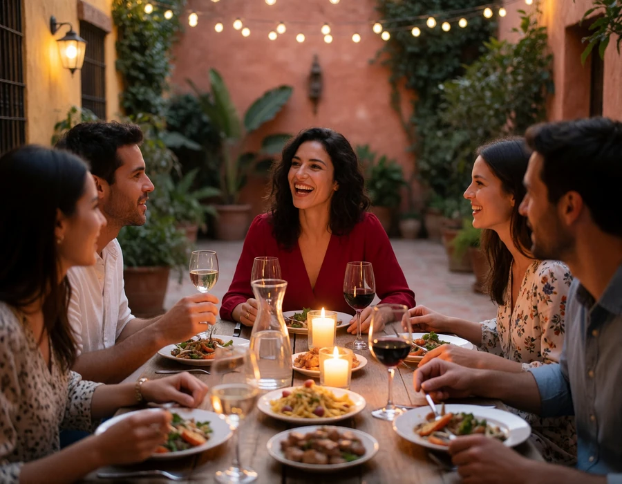 Spanish woman laughing with friends at a late-evening outdoor dinner table in a warmly lit courtyard, illustrating Spanish social dining culture