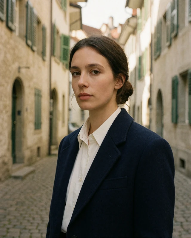 Swiss woman in a navy blazer on a cobbled old town street in Basel, representing verified German-speaking members