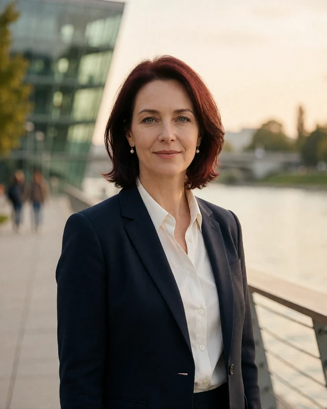 Austrian woman in a navy blazer on the Danube promenade in Linz, representing verified members in Upper Austria