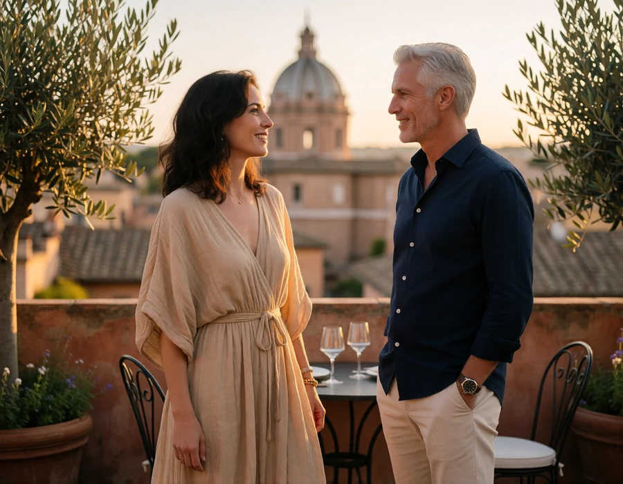 American man and his Italian partner talking on a Roman rooftop terrace at golden hour, illustrating a cross-border relationship